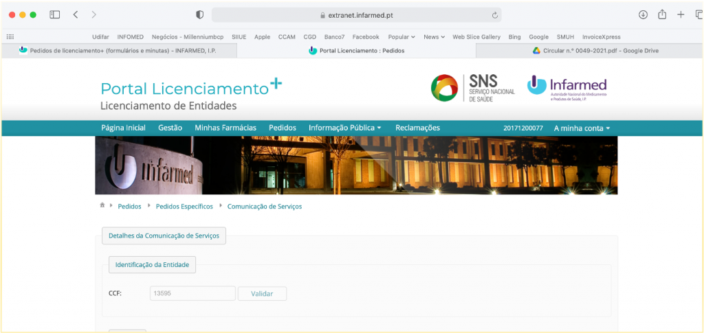 Portal Licenciamento + > Pedidos >  Pedidos específicos Identificação da Farmácia e registar a realização do MCDT.
